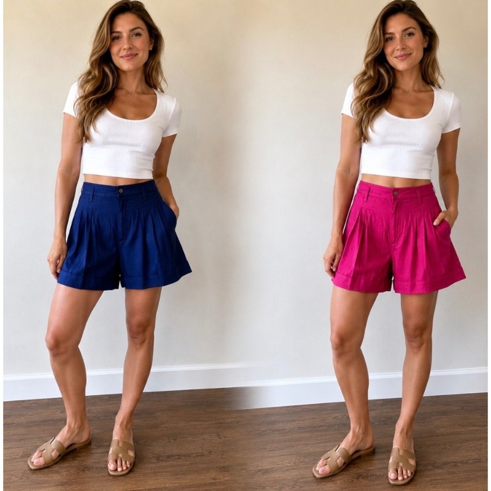Vintage High Rise Pleated Mom Shorts Size 11 Blue Pink‎ Cuffed PALMETTOS 90s 80s